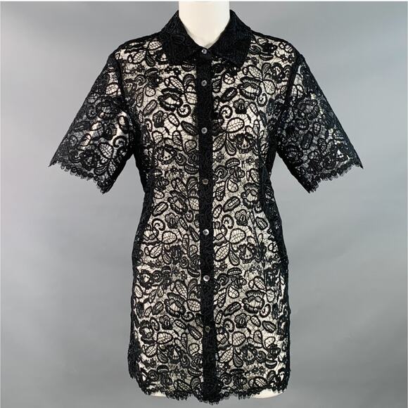 STAUD Size M Black Polyester Lace Button Up Short Sleeve Shirt - Picture 1 of 8